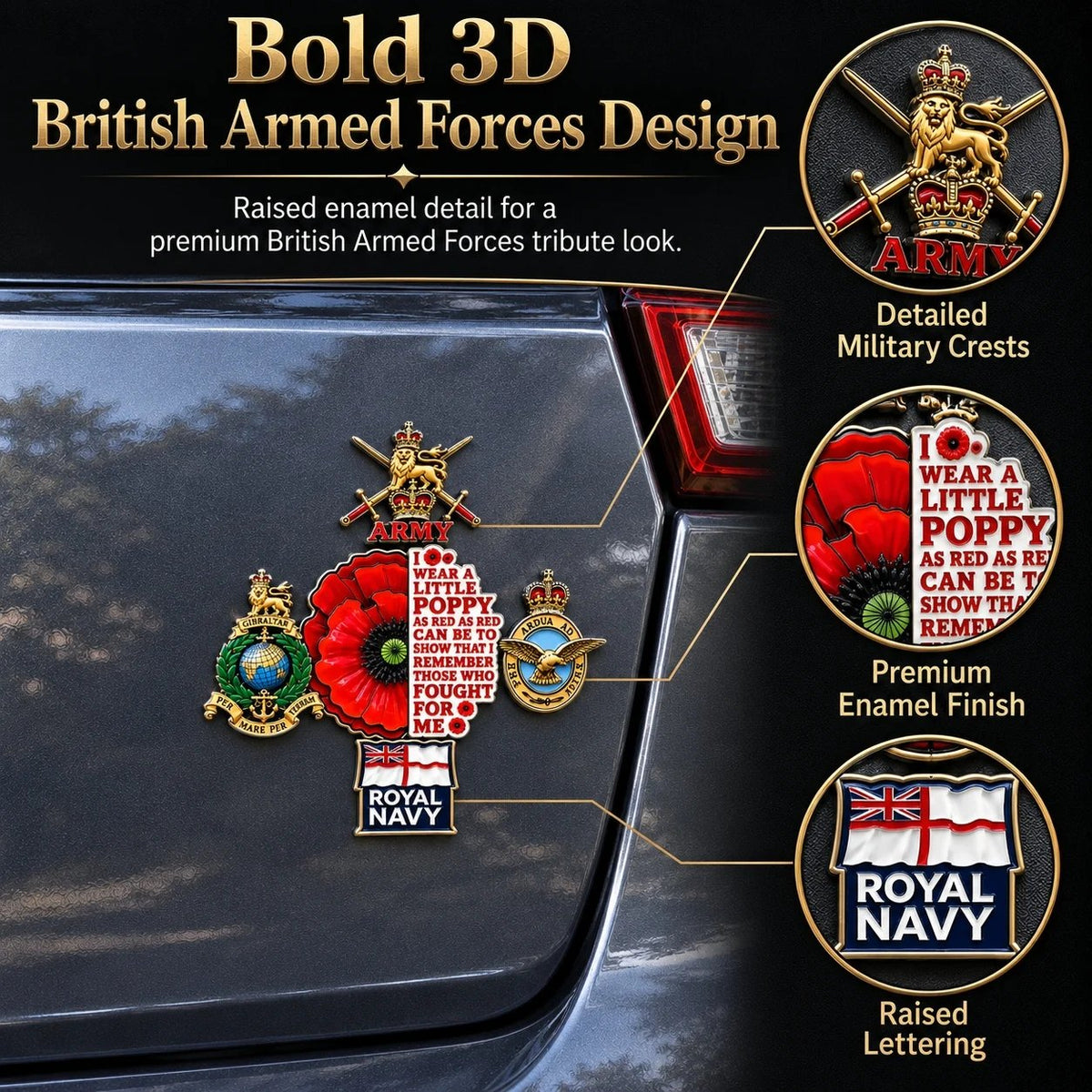 🌺 British Armed Forces “Lest We Forget” Remembrance Poppy Tribute Metal Car Emblem | 7–8-Inch 3D Metal Design with Raised Military-Inspired Details & Heavy-Duty Adhesive Backing 🇬🇧
