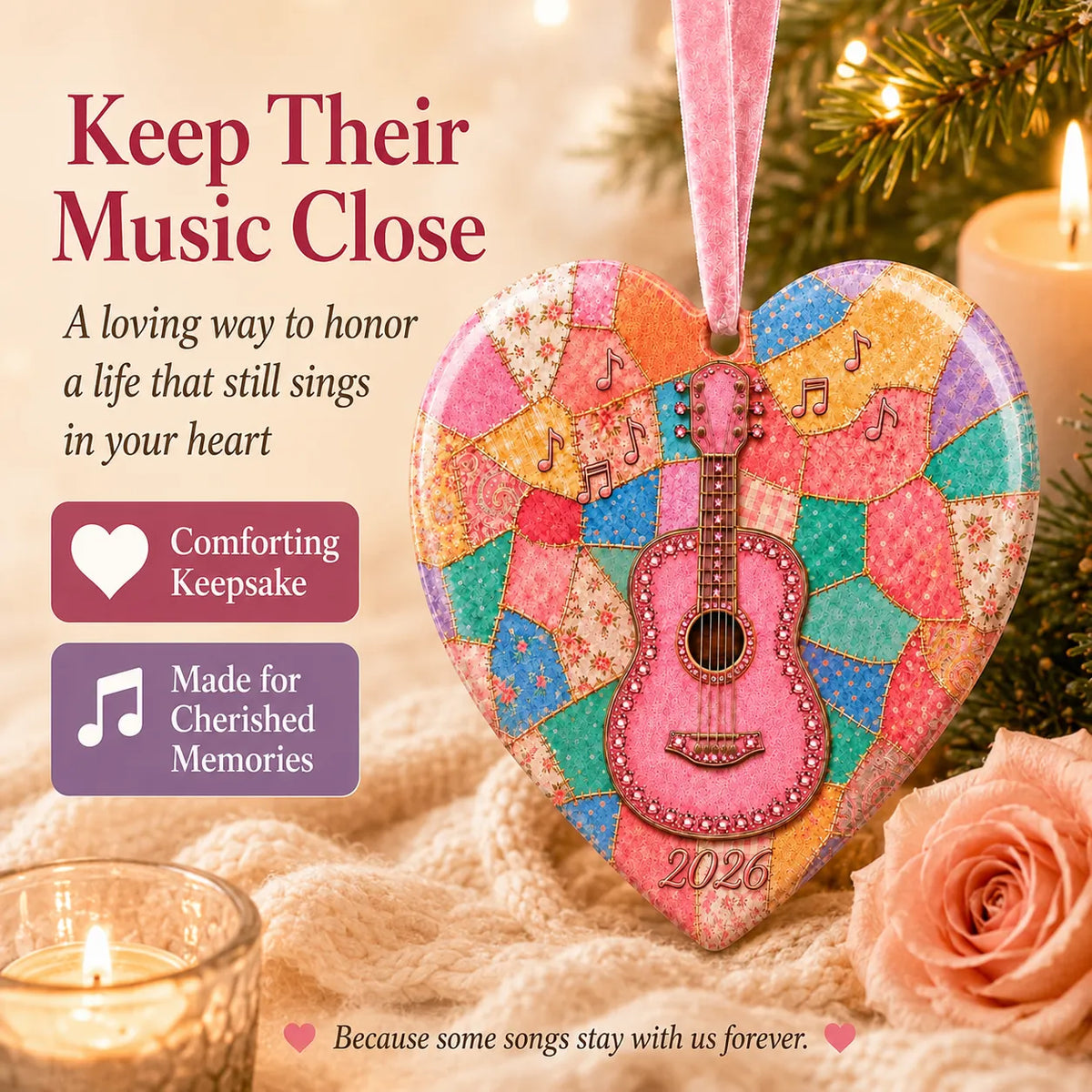 🎸Pink Guitar Memorial Heart Ornament