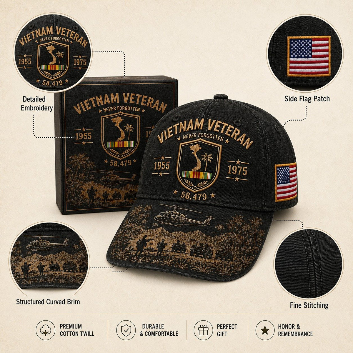 🔥🎖️Vietnam Veteran Never Forgotten 1955–1975 Commemorative Cap 🇺🇸