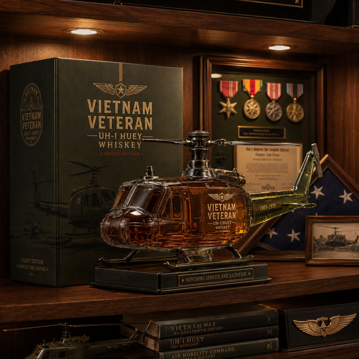 Vietnam War Veteran UH-1 Huey Helicopter Commemorative Whiskey Decanter (1965–1975)