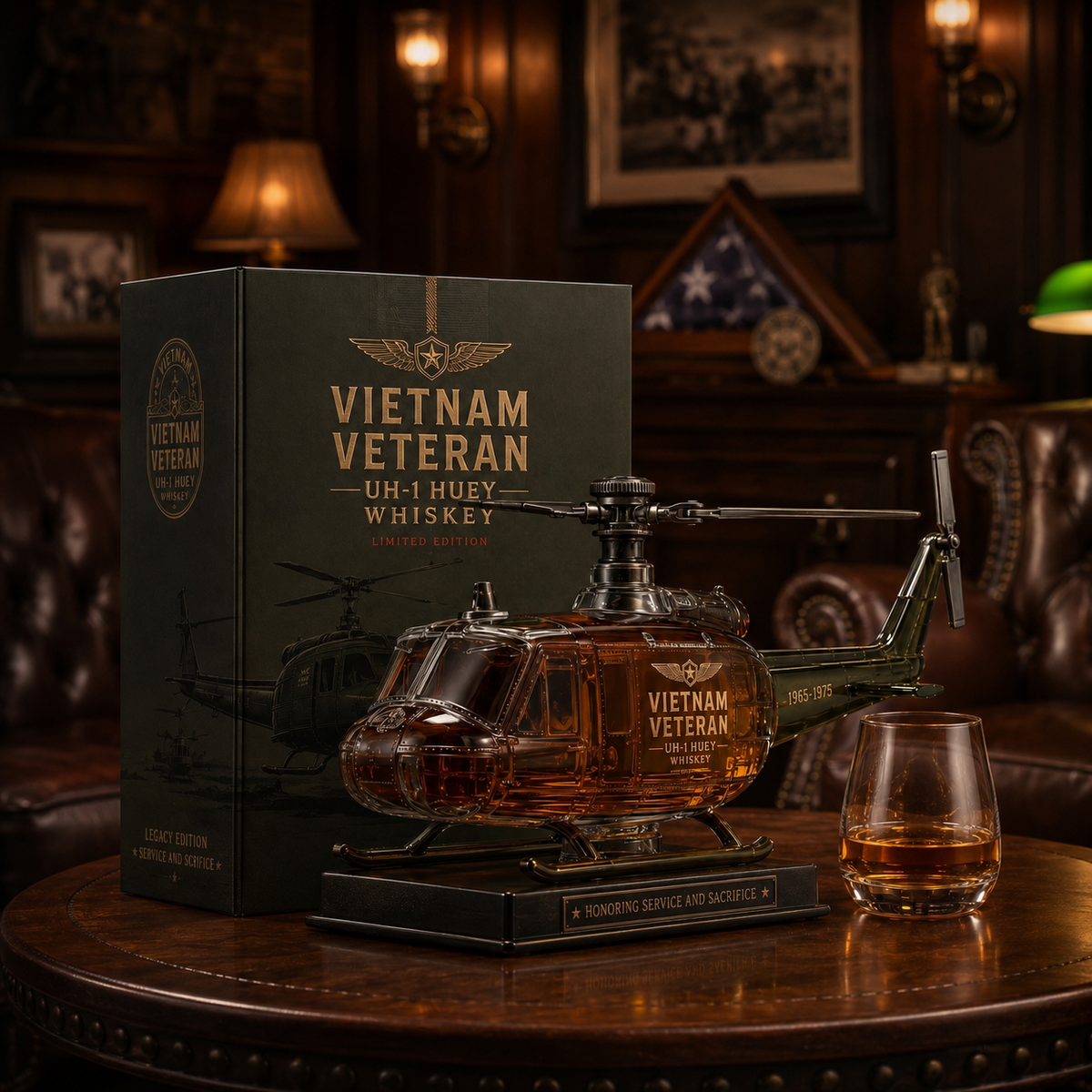 Vietnam War Veteran UH-1 Huey Helicopter Commemorative Whiskey Decanter (1965–1975)