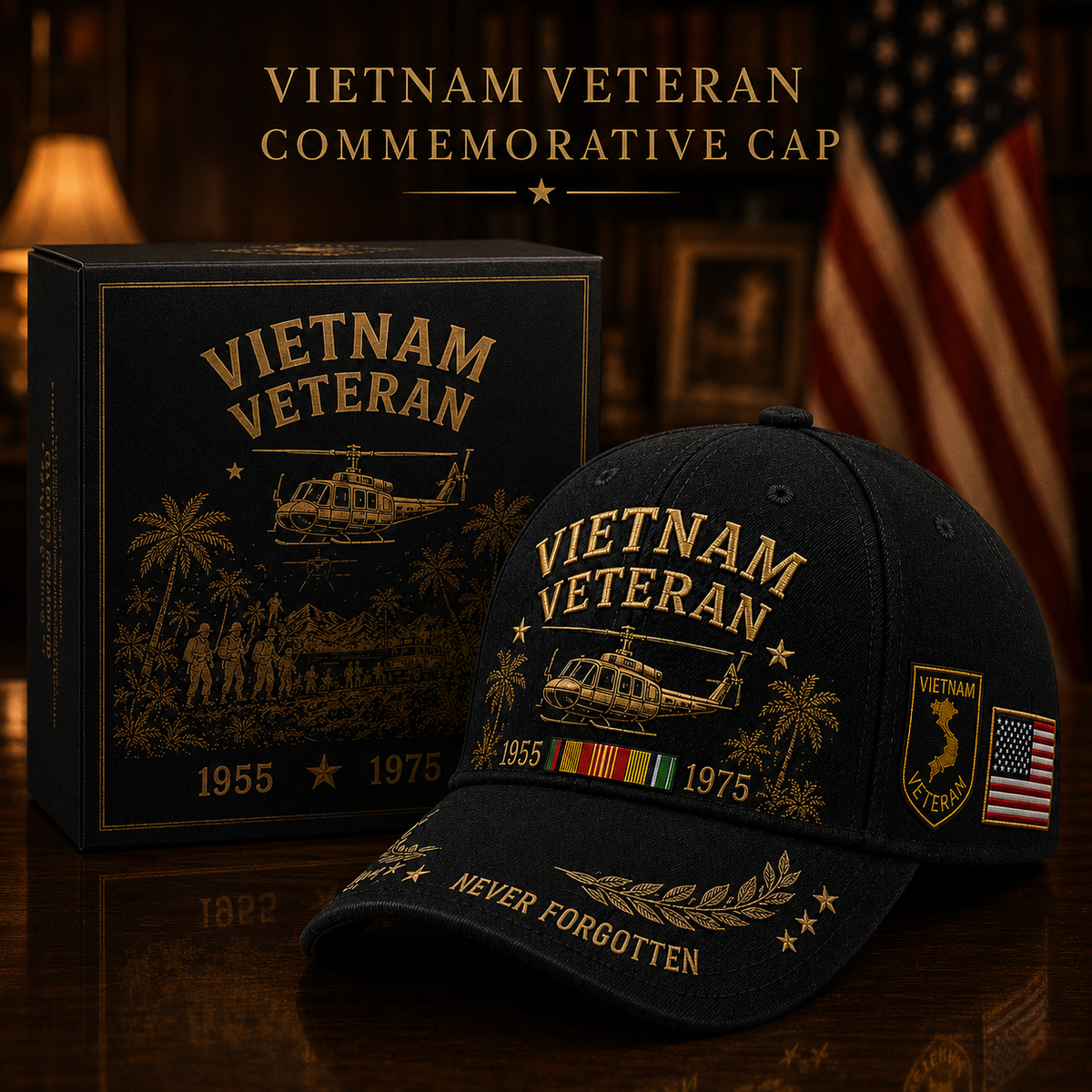 🇺🇸🎖️ Vietnam Veteran 1955–1975 Memorial Embroidered Cap