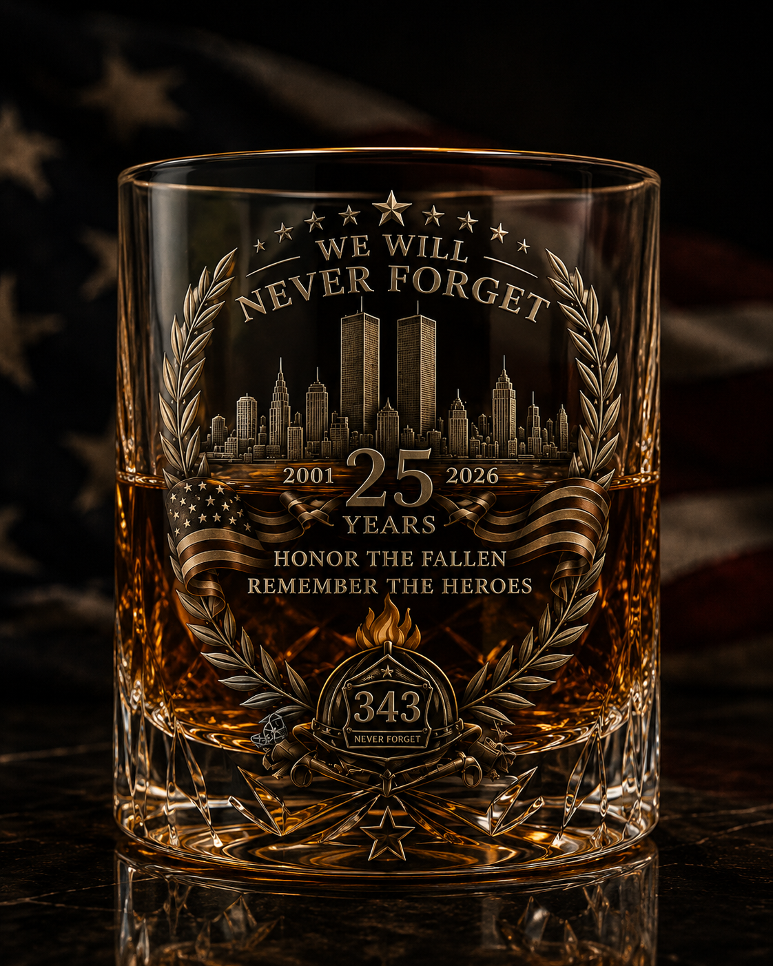 9/11 25th Anniversary Memorial Whiskey Decanter & Glass Gift Set – We Will Never Forget 343 Heroes Tribute