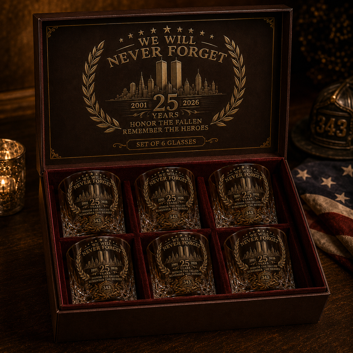 9/11 25th Anniversary Memorial Whiskey Decanter & Glass Gift Set – We Will Never Forget 343 Heroes Tribute