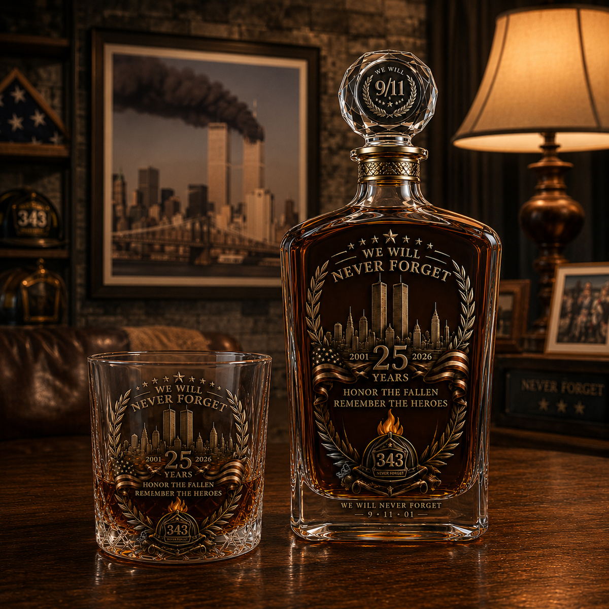 9/11 25th Anniversary Memorial Whiskey Decanter & Glass Gift Set – We Will Never Forget 343 Heroes Tribute