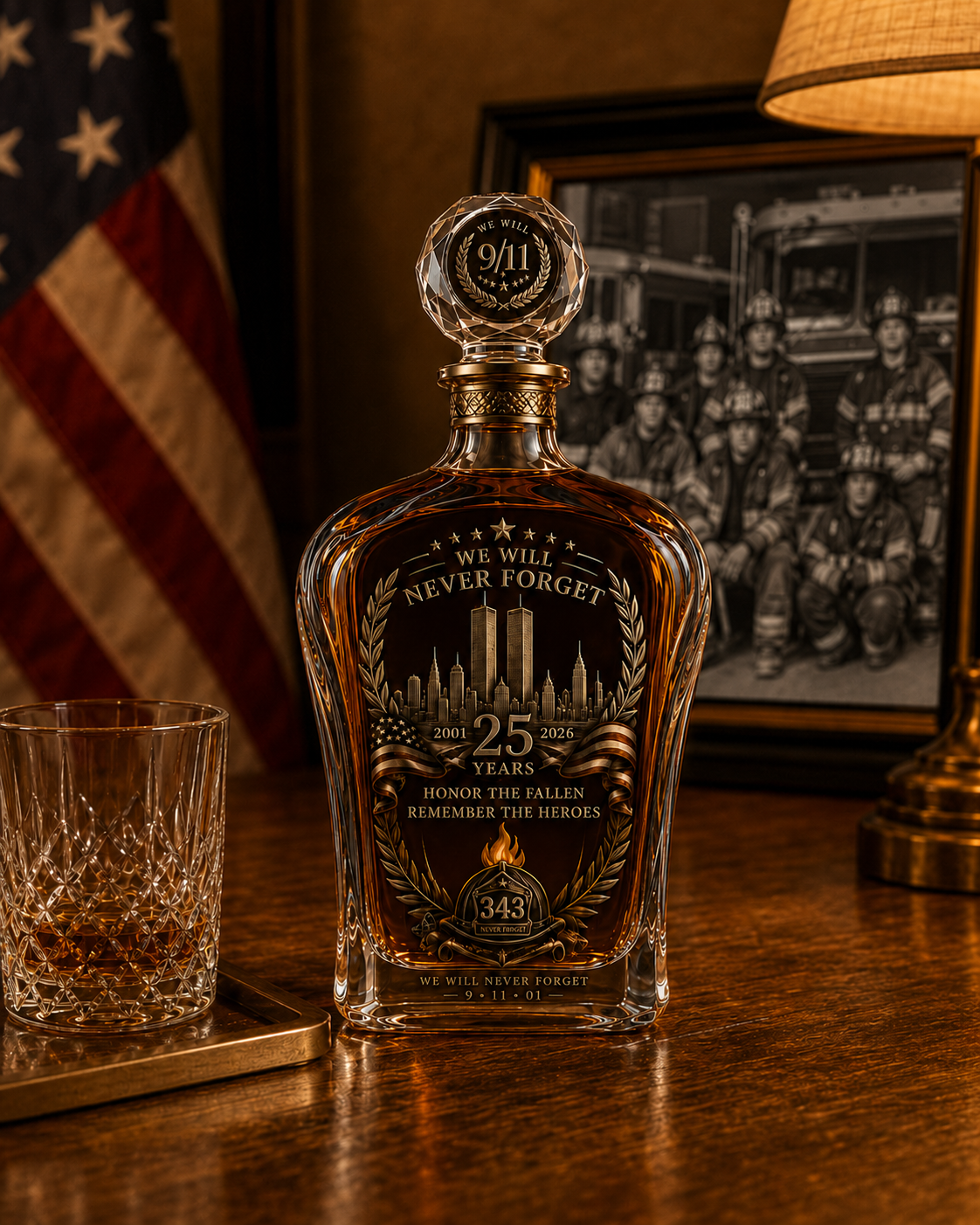9/11 25th Anniversary Memorial Whiskey Decanter & Glass Gift Set – We Will Never Forget 343 Heroes Tribute