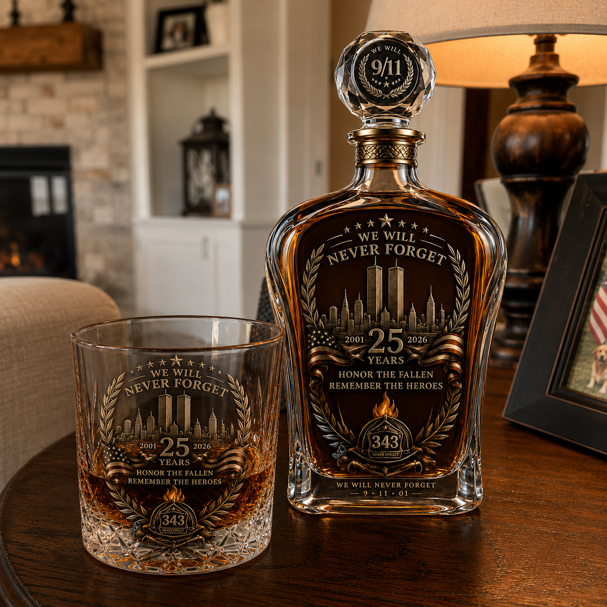 9/11 25th Anniversary Memorial Whiskey Decanter & Glass Gift Set – We Will Never Forget 343 Heroes Tribute