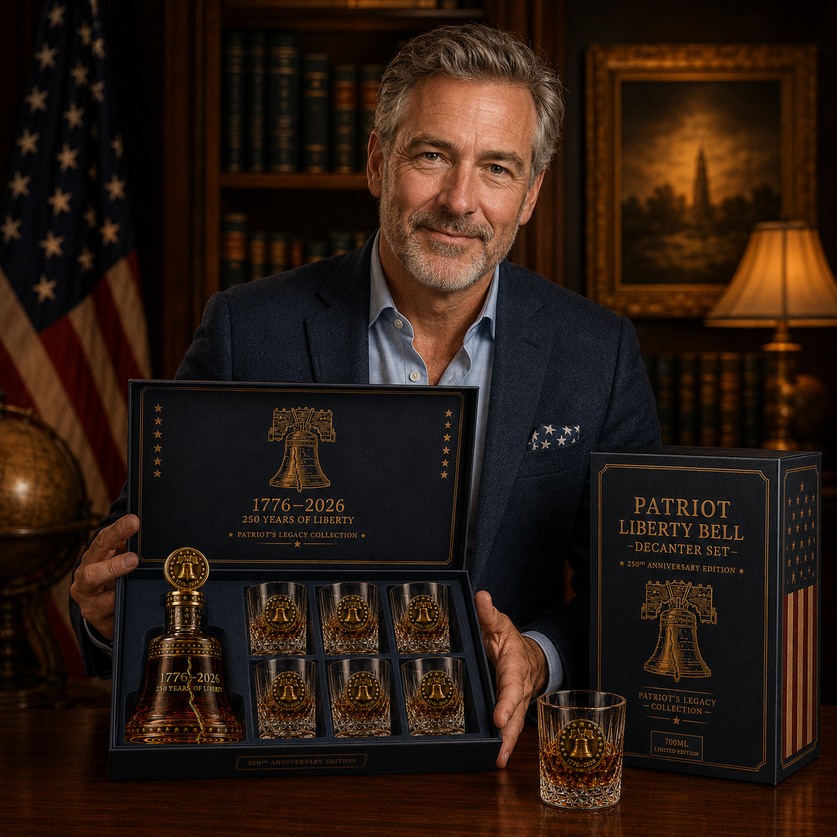🔔1776–2026 Patriot Liberty Bell Whiskey Decanter Set – 250th Anniversary Collector’s Gift with Matching Glass
