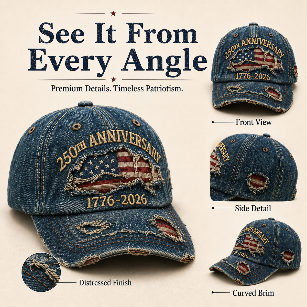 🇺🇸 250th Anniversary Vintage Denim Patriotic Cap