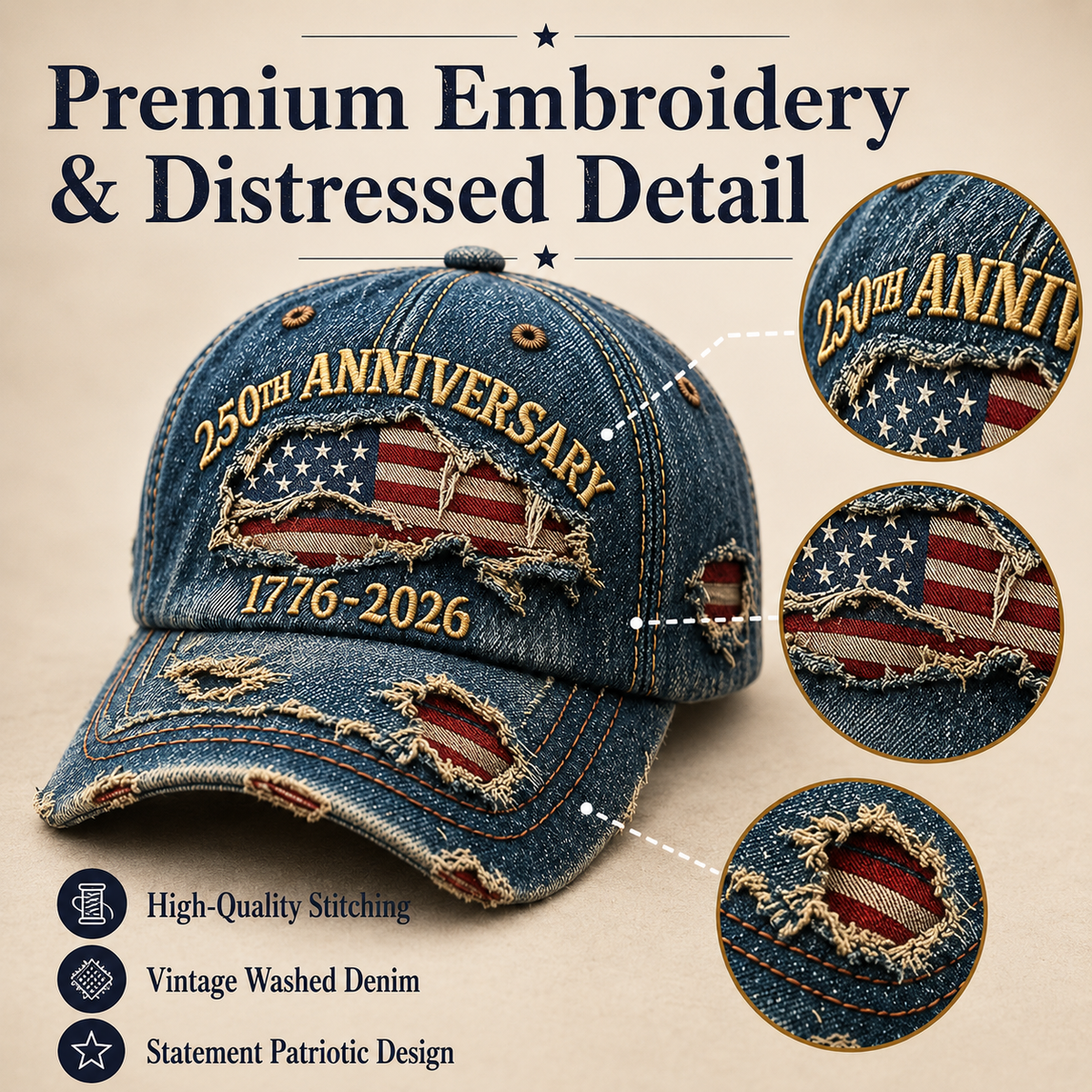🇺🇸 250th Anniversary Vintage Denim Patriotic Cap