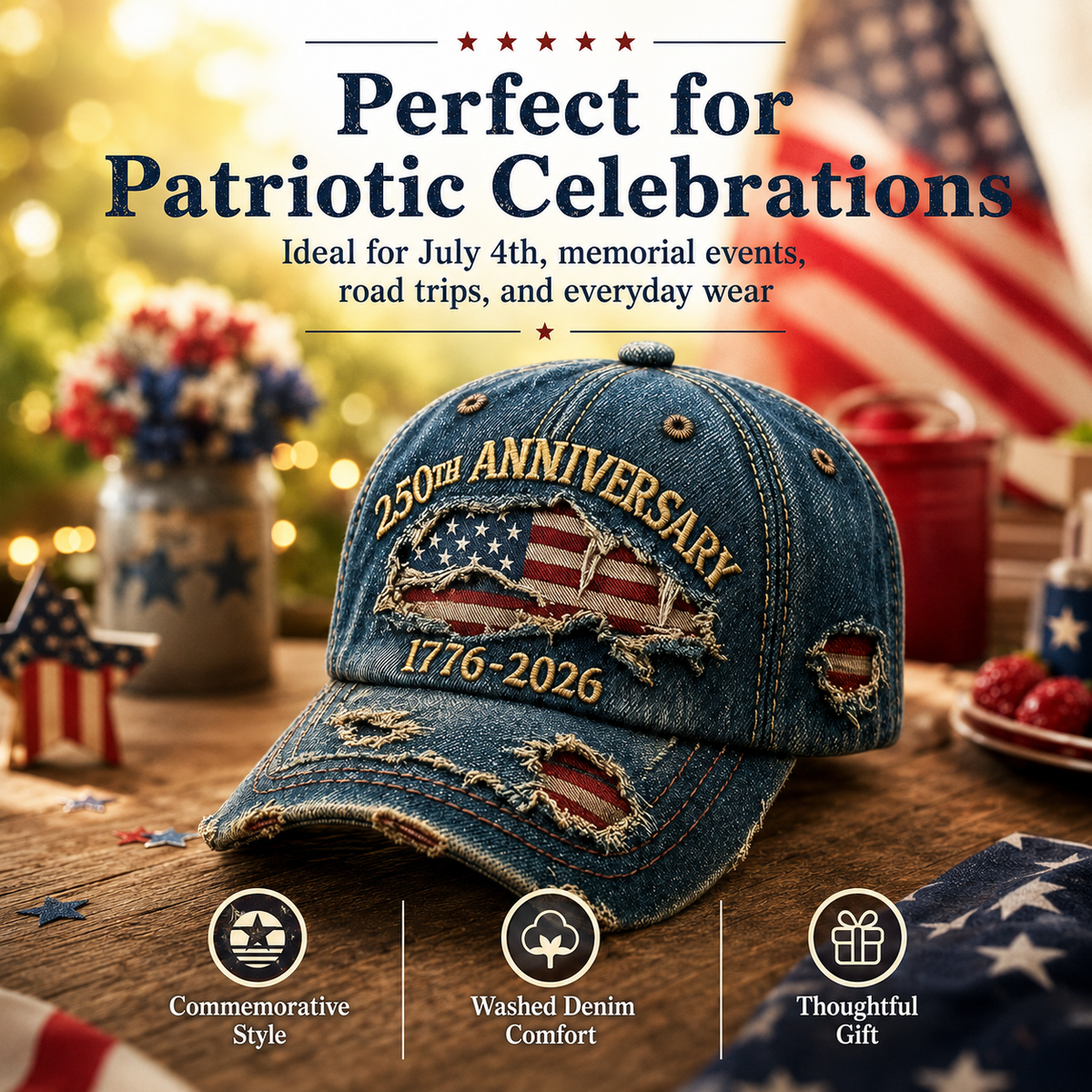 🇺🇸 250th Anniversary Vintage Denim Patriotic Cap