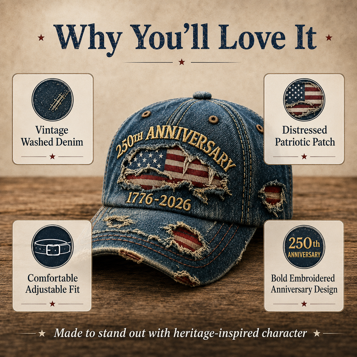 🇺🇸 250th Anniversary Vintage Denim Patriotic Cap