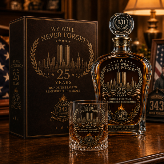 9/11 25th Anniversary Memorial Whiskey Decanter & Glass Gift Set – We Will Never Forget 343 Heroes Tribute