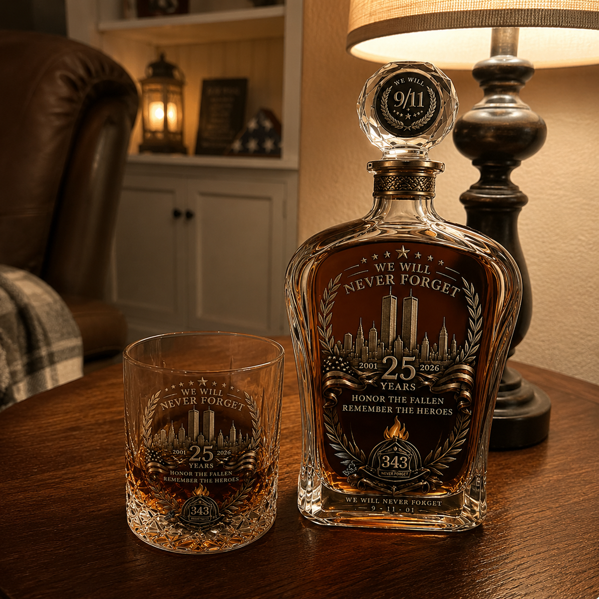 9/11 25th Anniversary Memorial Whiskey Decanter & Glass Gift Set – We Will Never Forget 343 Heroes Tribute