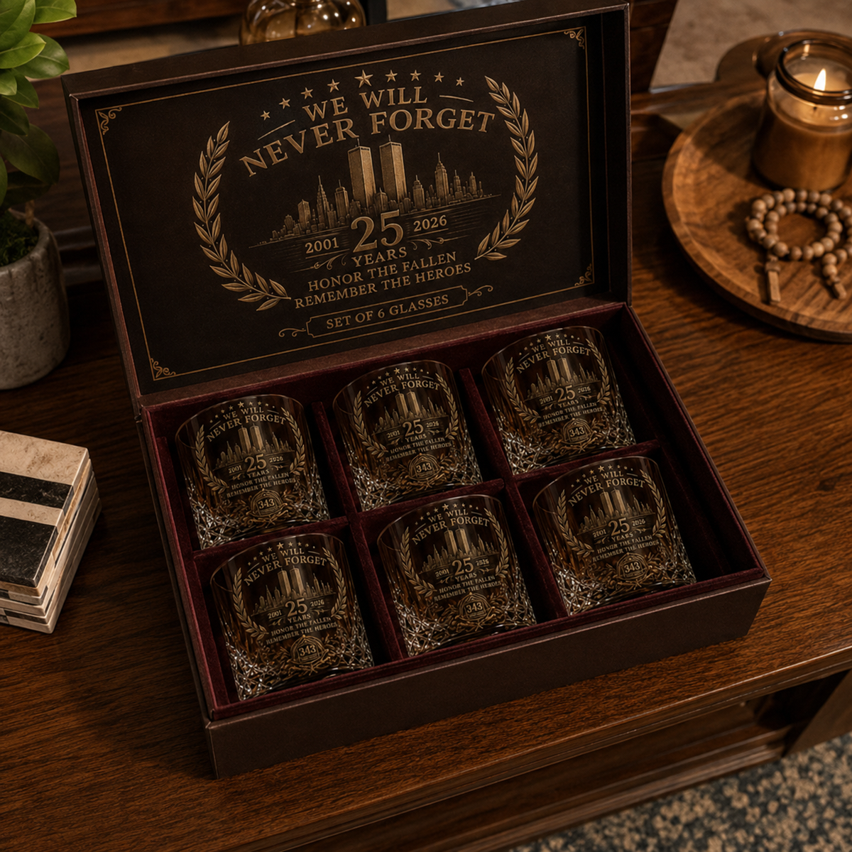 9/11 25th Anniversary Memorial Whiskey Decanter & Glass Gift Set – We Will Never Forget 343 Heroes Tribute