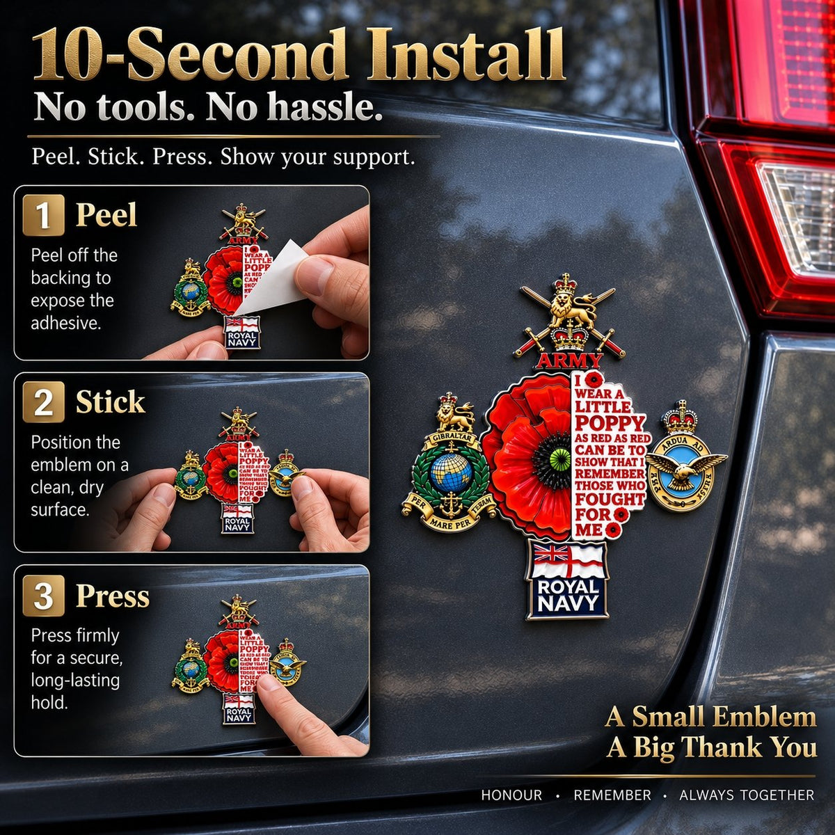 🌺 British Armed Forces “Lest We Forget” Remembrance Poppy Tribute Metal Car Emblem | 7–8-Inch 3D Metal Design with Raised Military-Inspired Details & Heavy-Duty Adhesive Backing 🇬🇧