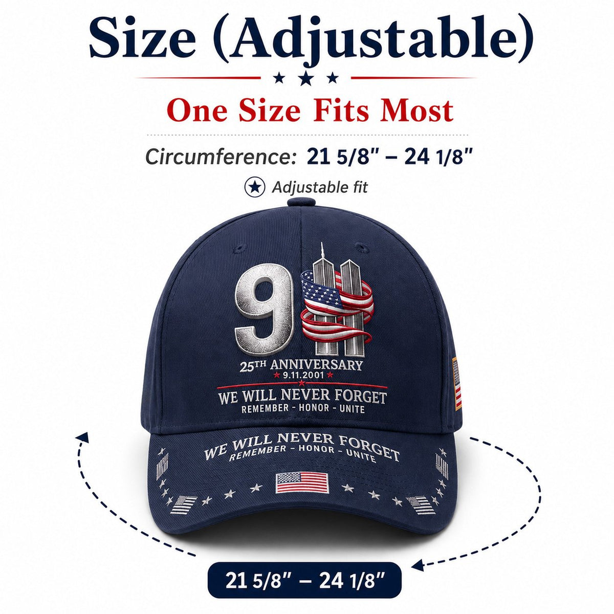 🇺🇸 9/11 25th Anniversary “We Will Never Forget” Memorial Embroidered Cap