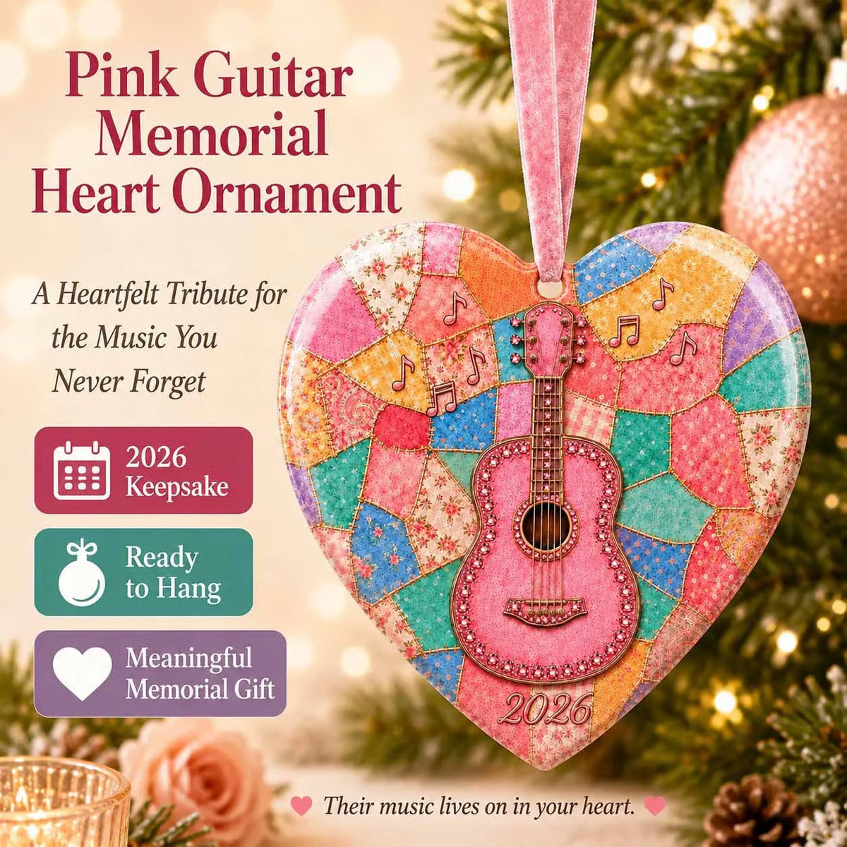 🎸Pink Guitar Memorial Heart Ornament