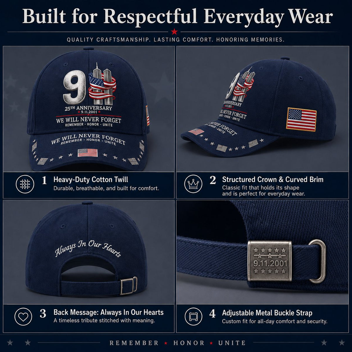 🇺🇸 9/11 25th Anniversary “We Will Never Forget” Memorial Embroidered Cap